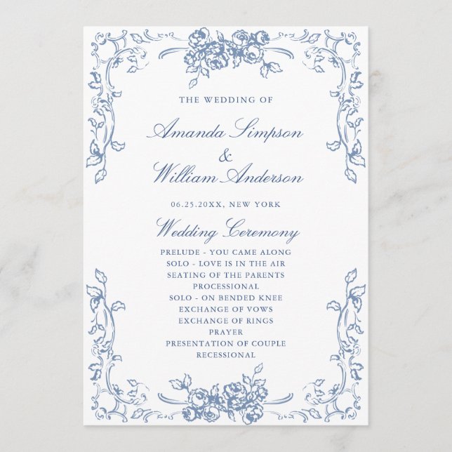 Renaissance Ornate Dusty Blue Wedding Ceremony Programme (Front)