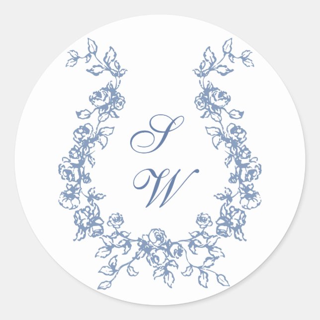 Renaissance Ornate Floral Dusty Blue Wedding Classic Round Sticker (Front)