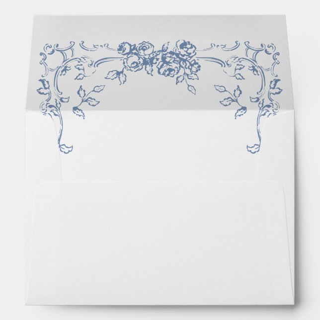 Renaissance Ornate Floral Dusty Blue Wedding Envelope (Back (Bottom))
