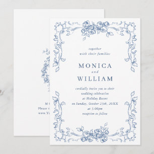 Renaissance Ornate Floral Dusty Blue Wedding Invitation