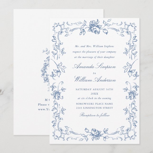Renaissance Ornate Floral Dusty Blue Wedding Invitation (Front/Back)