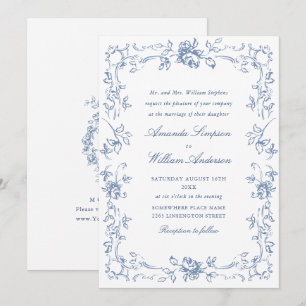 Renaissance Ornate Floral Dusty Blue Wedding Invitation
