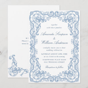 Renaissance Ornate Floral Dusty Blue Wedding Invitation