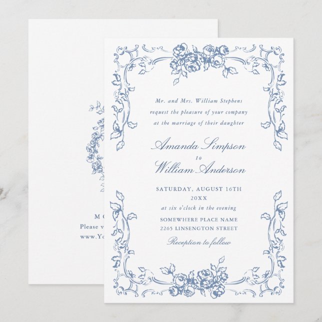 Renaissance Ornate Floral Dusty Blue Wedding Invitation (Front/Back)