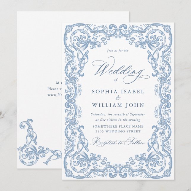 Renaissance Ornate Floral Dusty Blue Wedding Invitation (Front/Back)