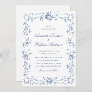 Renaissance Ornate Floral Dusty Blue Wedding Invitation