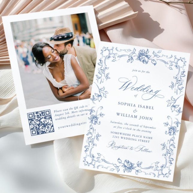 Renaissance Ornate Floral Dusty Blue Wedding Invitation (Creator Uploaded)