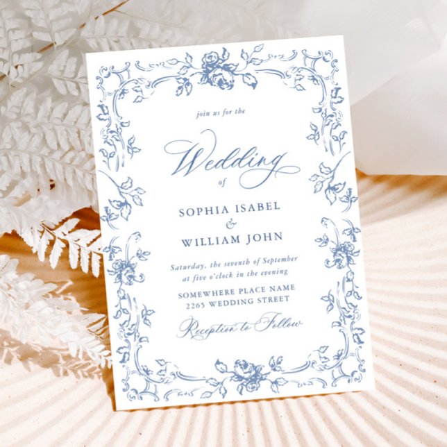 Renaissance Ornate Floral Dusty Blue Wedding Invitation (Creator Uploaded)