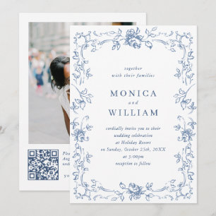 Renaissance Ornate Floral Dusty Blue Wedding Invitation
