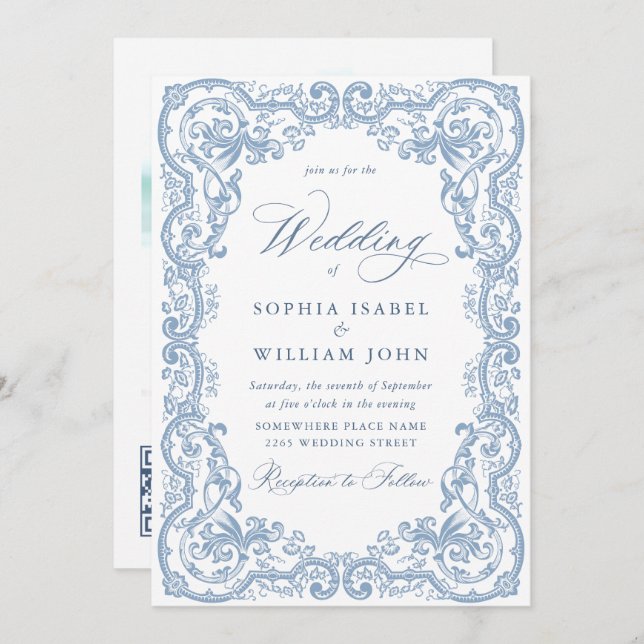 Renaissance Ornate Floral Dusty Blue Wedding Invitation (Front/Back)