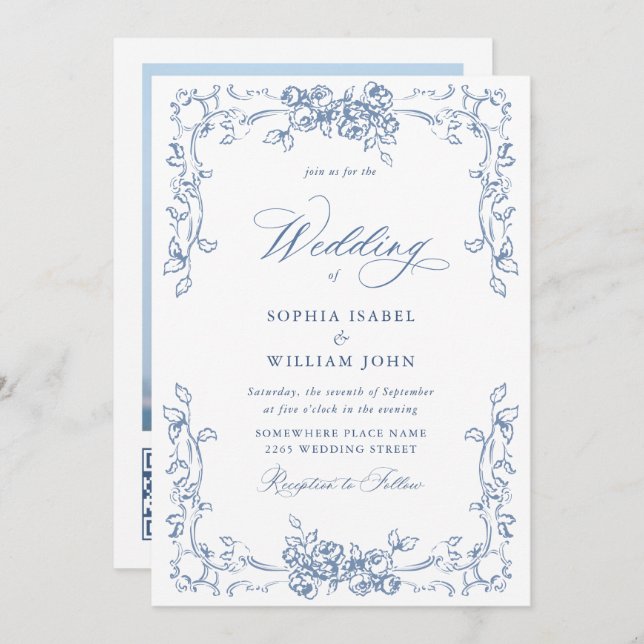 Renaissance Ornate Floral Dusty Blue Wedding Invitation (Front/Back)
