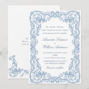 Renaissance Ornate Floral Dusty Blue Wedding Invitation