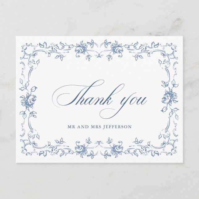 Renaissance Ornate Floral Dusty Blue Wedding Postcard (Front)