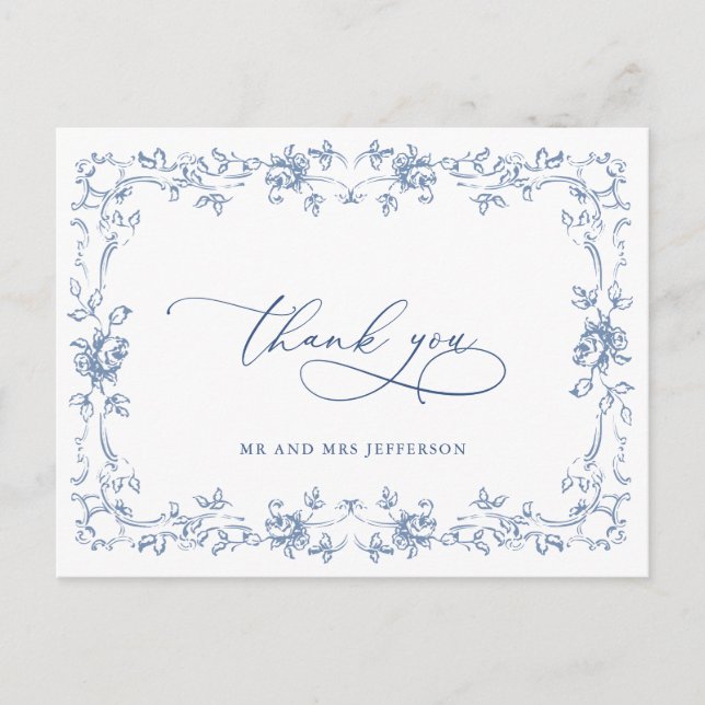 Renaissance Ornate Floral Dusty Blue Wedding Postcard (Front)