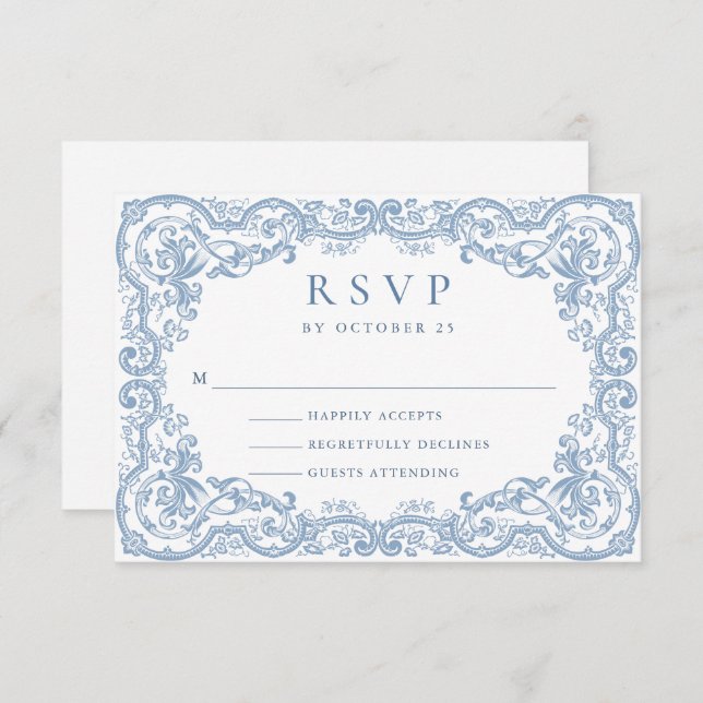 Renaissance Ornate Floral Dusty Blue Wedding RSVP Card (Front/Back)