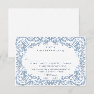 Renaissance Ornate Floral Dusty Blue Wedding RSVP Card
