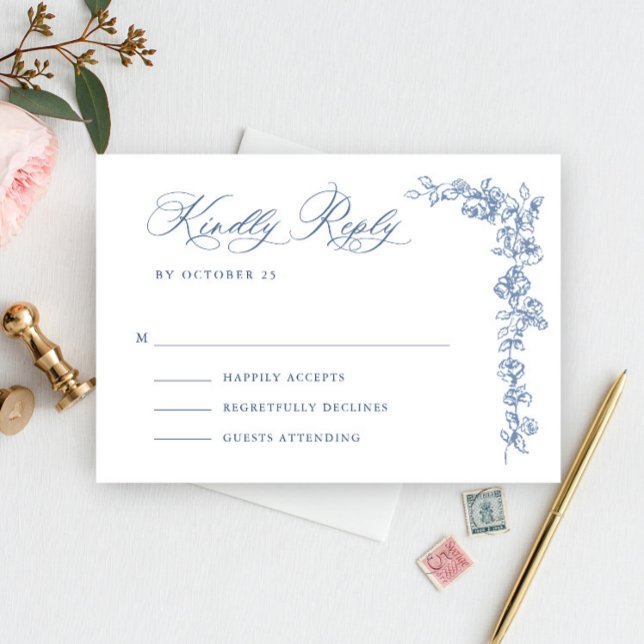 Renaissance Ornate Floral Dusty Blue Wedding RSVP Card (Creator Uploaded)