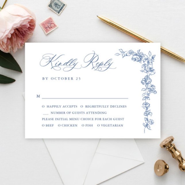 Renaissance Ornate Floral Dusty Blue Wedding RSVP Card (Creator Uploaded)