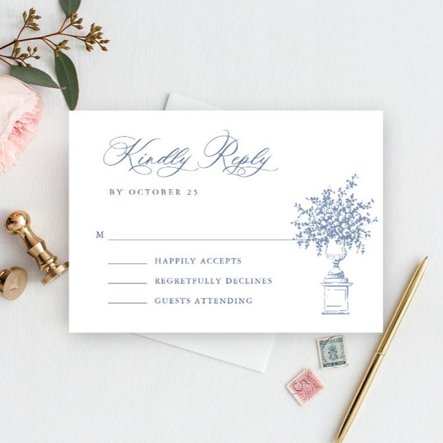 Renaissance Ornate Floral Dusty Blue Wedding RSVP Card (Creator Uploaded)