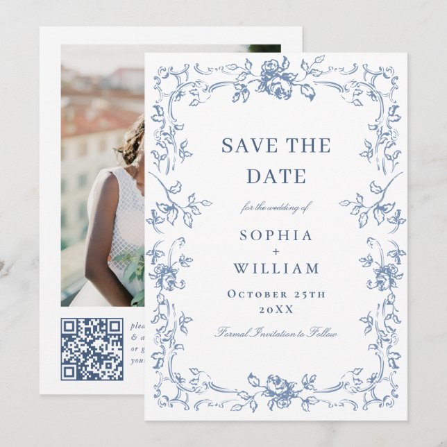 Renaissance Ornate Floral Dusty Blue Wedding Save The Date (Front/Back)