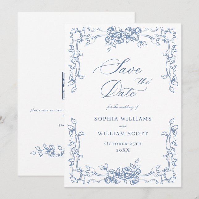 Renaissance Ornate Floral Dusty Blue Wedding Save The Date (Front/Back)