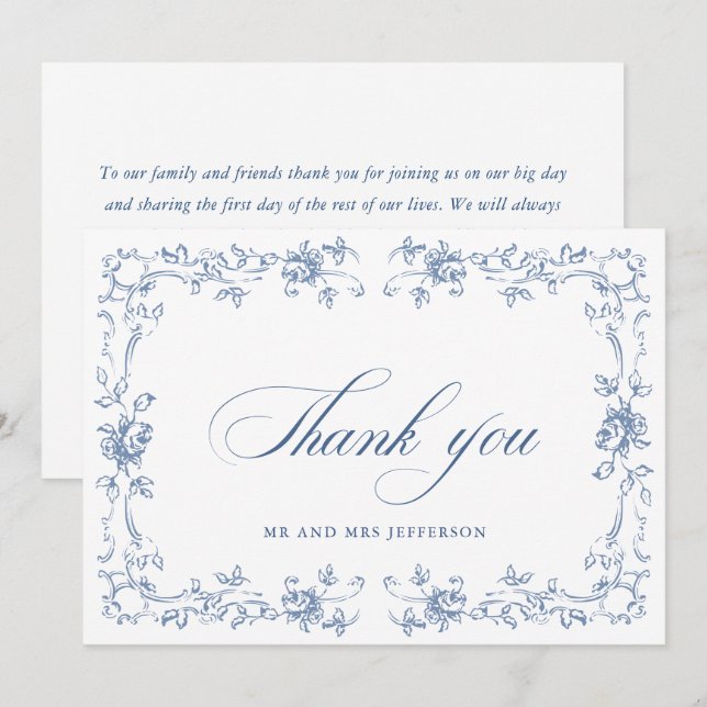 Renaissance Ornate Floral Dusty Blue Wedding Thank You Card (Front/Back)