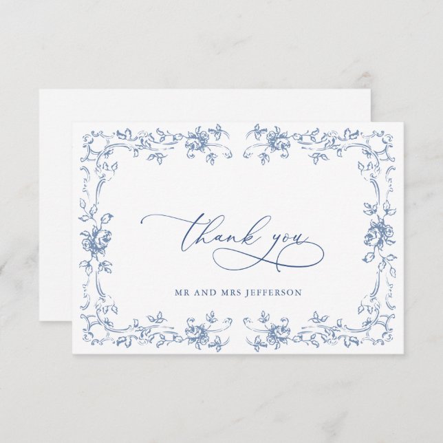 Renaissance Ornate Floral Dusty Blue Wedding Thank You Card (Front/Back)