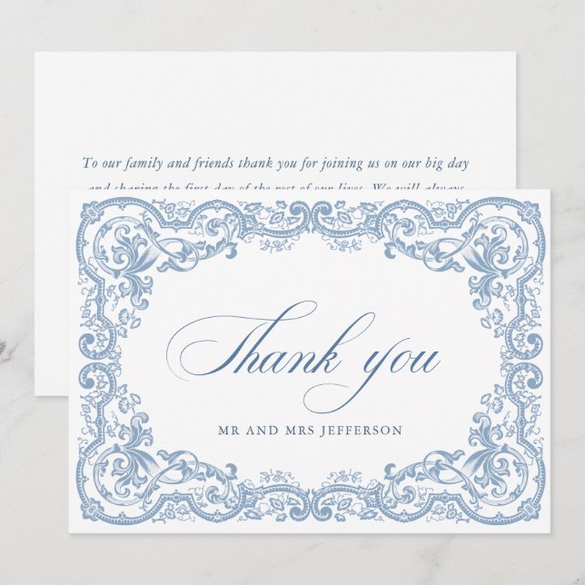 Renaissance Ornate Floral Dusty Blue Wedding Thank You Card (Front/Back)