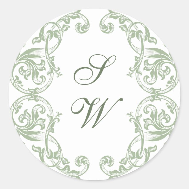 Renaissance Ornate Floral sage Green Wedding Classic Round Sticker (Front)