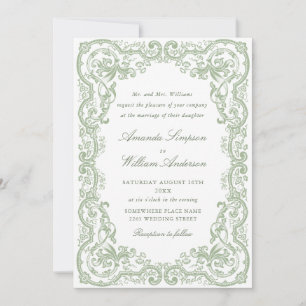 Renaissance Ornate Floral Sage Green Wedding Invitation