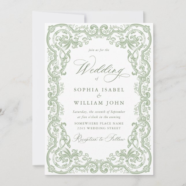 Renaissance Ornate Floral Sage Green Wedding Invitation (Front)
