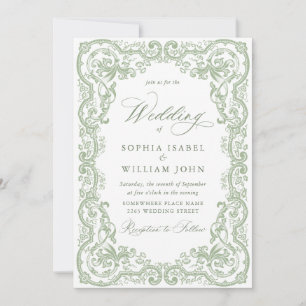 Renaissance Ornate Floral Sage Green Wedding Invitation