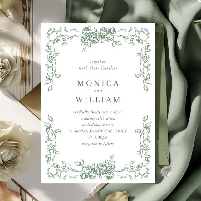 Renaissance Ornate Floral Sage Green Wedding Invitation (Creator Uploaded)