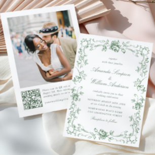 Renaissance Ornate Floral Sage Green Wedding Invitation