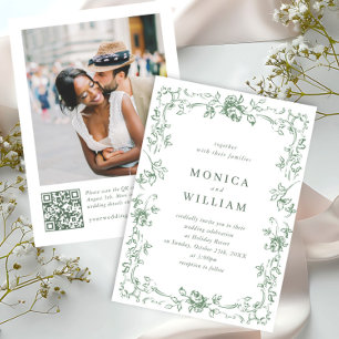 Renaissance Ornate Floral Sage Green Wedding Invitation