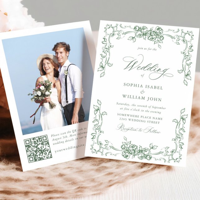 Renaissance Ornate Floral Sage Green Wedding Invitation (Creator Uploaded)