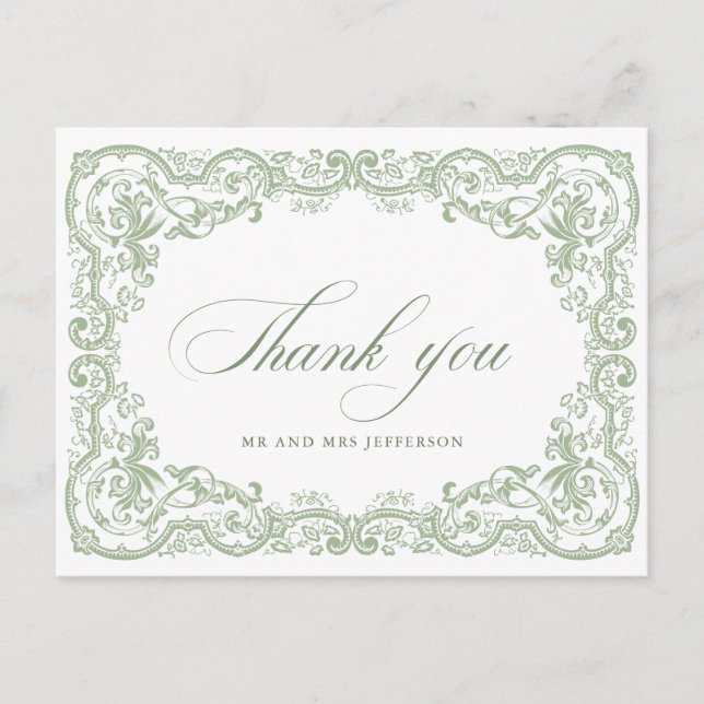 Renaissance Ornate Floral Sage Green Wedding Postcard (Front)