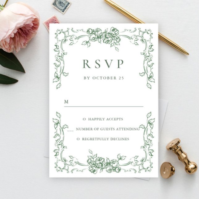 Renaissance Ornate Floral Sage Green Wedding RSVP Card (Creator Uploaded)