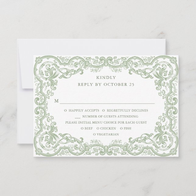 Renaissance Ornate Floral Sage Green Wedding RSVP Card (Front)