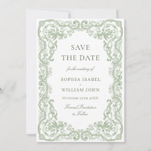 Renaissance Ornate Floral Sage Green Wedding Save The Date