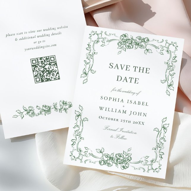 Renaissance Ornate Floral Sage Green Wedding Save The Date (Creator Uploaded)