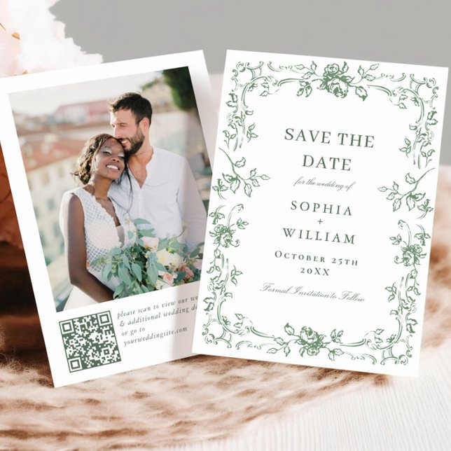 Renaissance Ornate Floral Sage Green Wedding Save The Date (Creator Uploaded)
