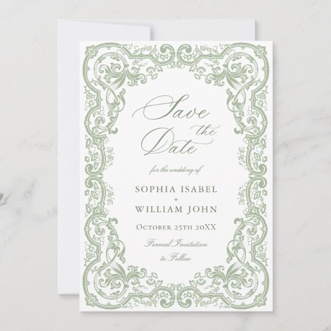 Renaissance Ornate Floral Sage Green Wedding Save The Date (Front)