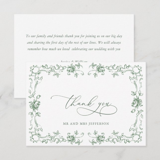 Renaissance Ornate Floral Sage Green Wedding Thank You Card (Front/Back)