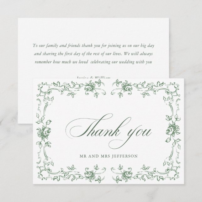 Renaissance Ornate Floral Sage Green Wedding Thank You Card (Front/Back)