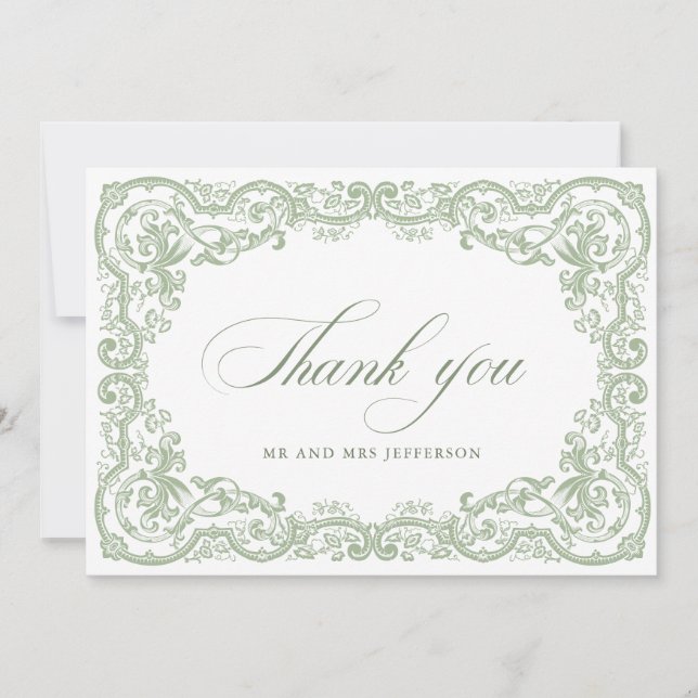 Renaissance Ornate Floral Sage Green Wedding Thank You Card (Front)