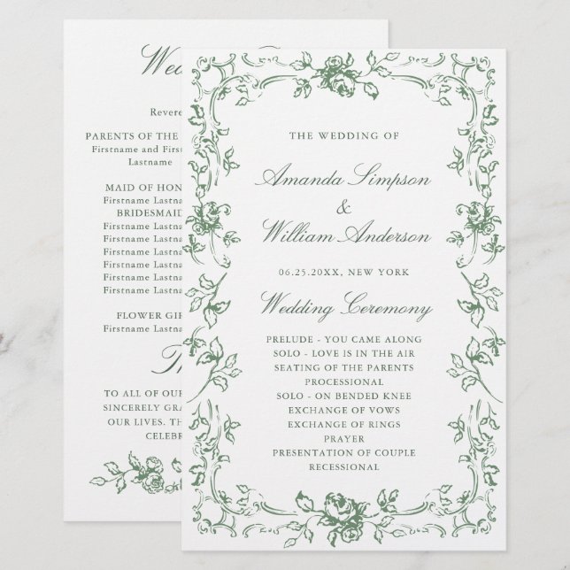 Renaissance Ornate Green Wedding Ceremony Program (Front/Back)