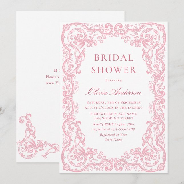 Renaissance Ornate Pink Blush Floral Bridal Shower Invitation (Front/Back)