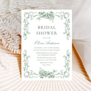 Renaissance Ornate Sage Green Floral Bridal Shower Invitation