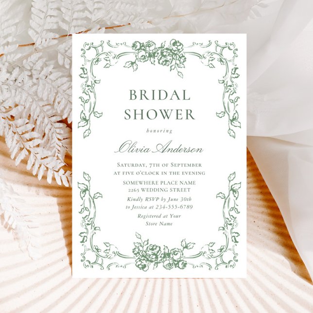 Renaissance Ornate Sage Green Floral Bridal Shower Invitation (Creator Uploaded)